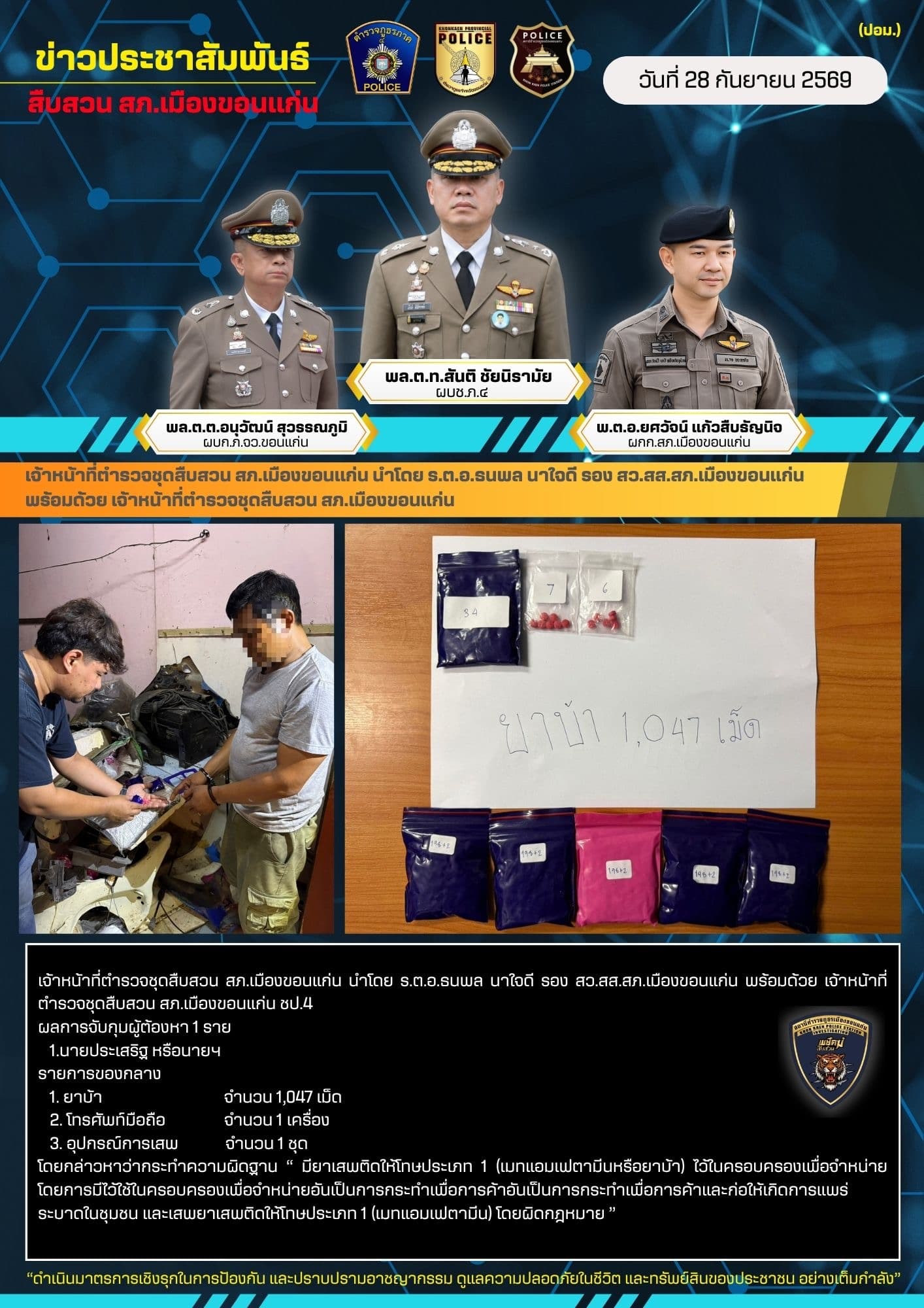 สืบสวนเมืองขอนแก่นขยายผลจับผู้ต้องหาค้ายาบ้า ยึดของกลาง 1,047 เม็ด
