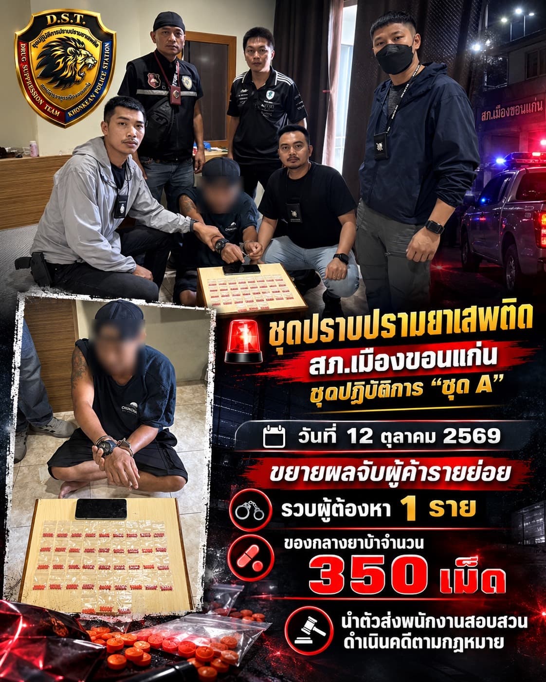 สภ.เมืองขอนแก่น ปูพรมกวาดล้างยาเสพติดเชิงรุก บุกรวบหนุ่มวัย 28 ปี คาหอพักกลางเมือง ยึดของกลางยาบ้า 350 เม็ด ซุกซ่อนเตรียมกระจายให้วัยรุ่นและผู้ใช้แรงงาน